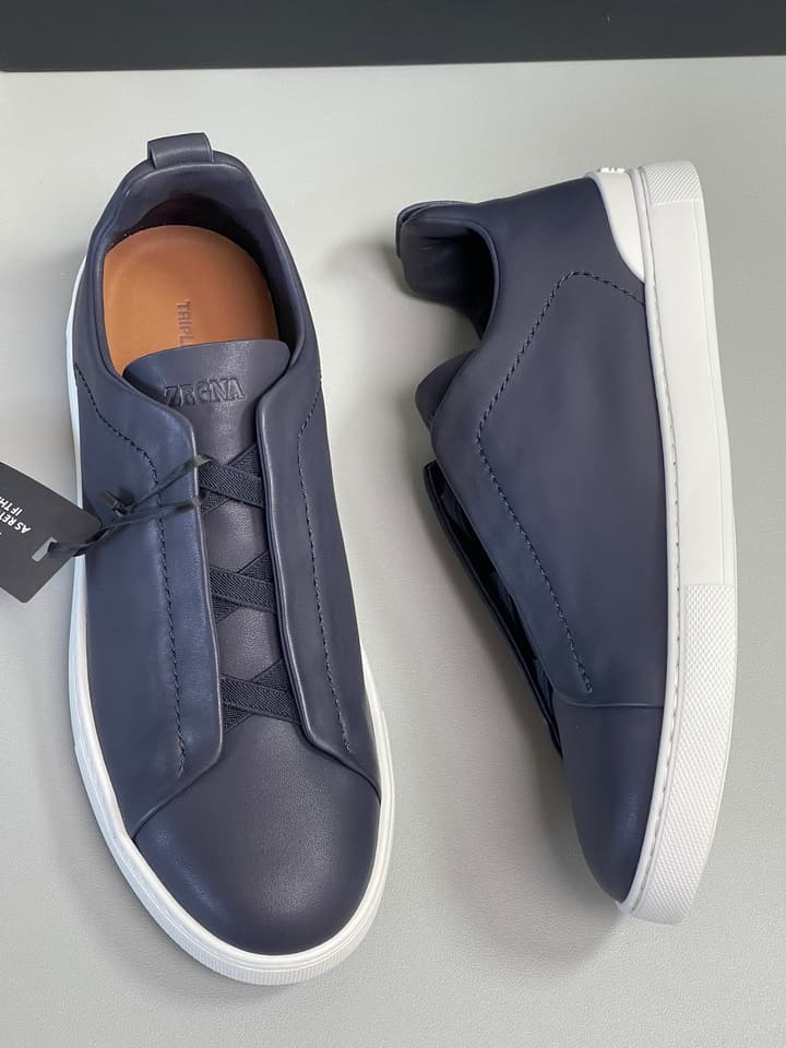 Zegna SECONDSKIN Triple Stitch Low-Top Sneakers in Navy Smooth Leather