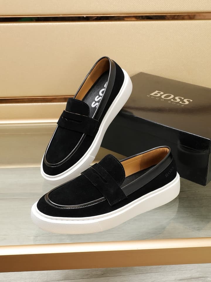 Boss Men's Luxury Leather Slip-On Loafers in Black Smooth Leather