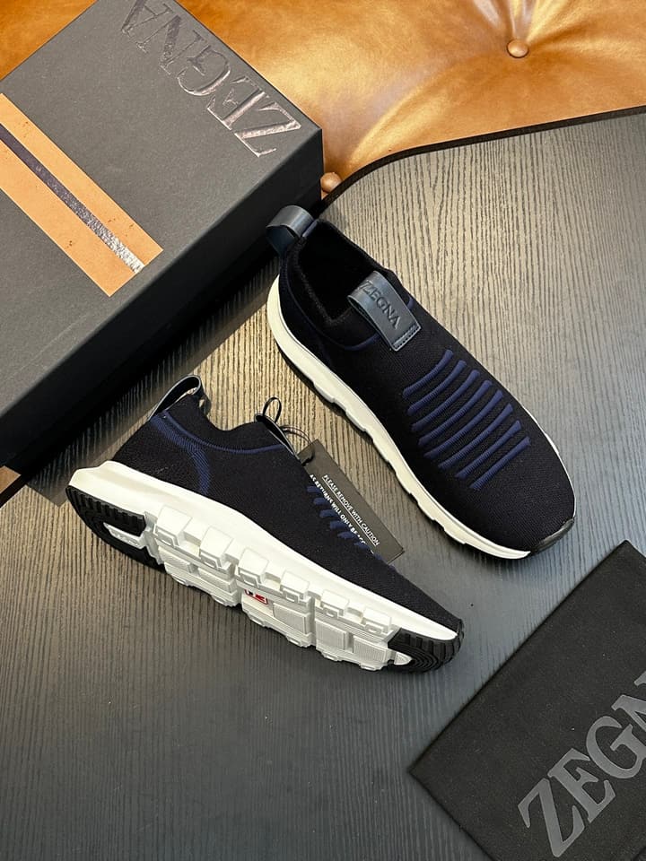 Zegna Techmerino Slip-On Sneakers in Dark Navy With Green Accent