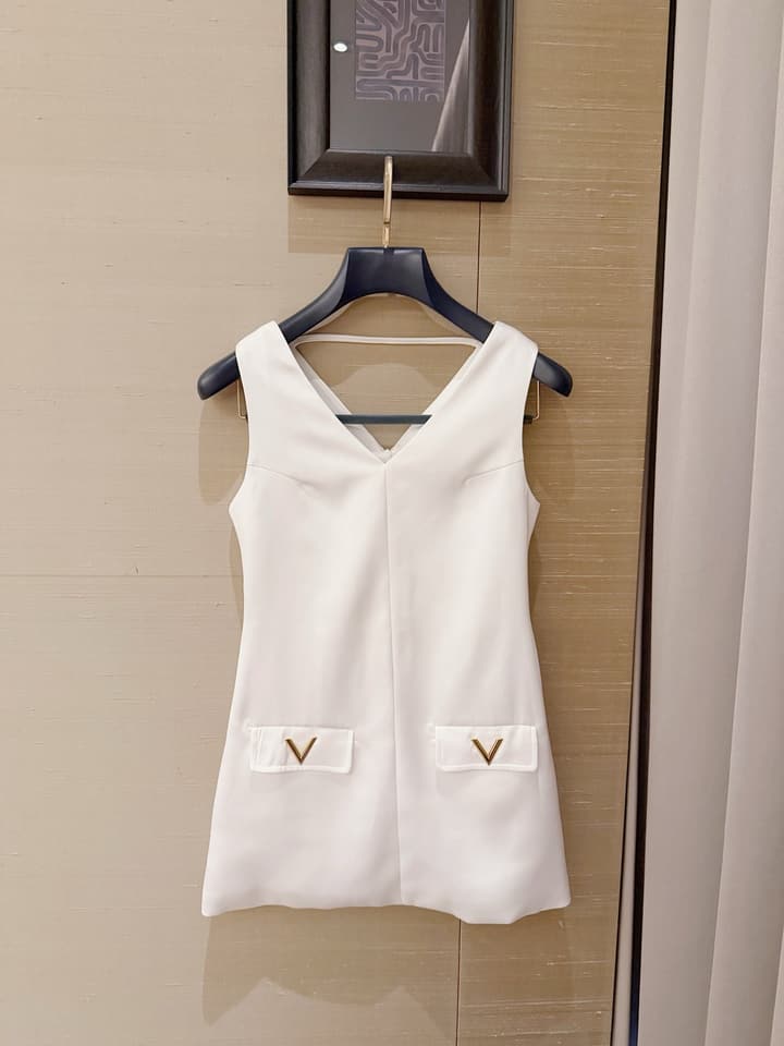 Valentino V-Neck Satin Dress with V Logo Detail in Black