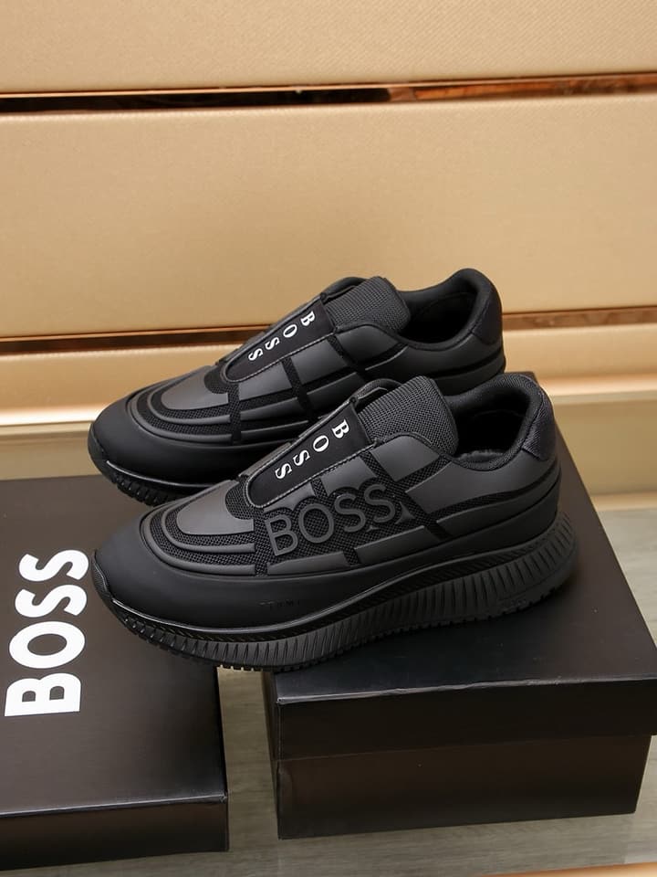 Boss New Men's Luxury Athletic Sneakers in Black With White Detail