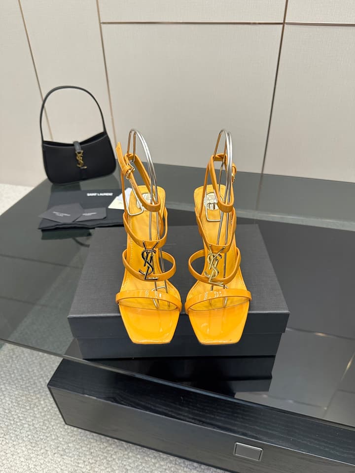Saint Laurent Patent Leather Heeled Sandals in Bright Amber