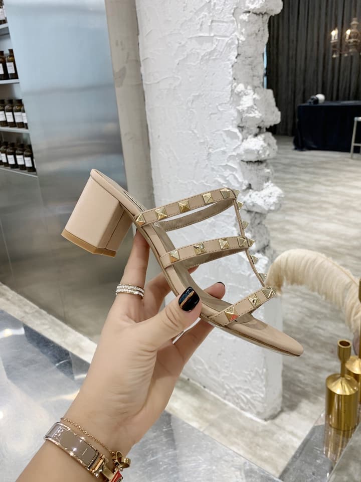 Valentino Rockstud Classic Block Heel Sandals in Nude With Gold Studs