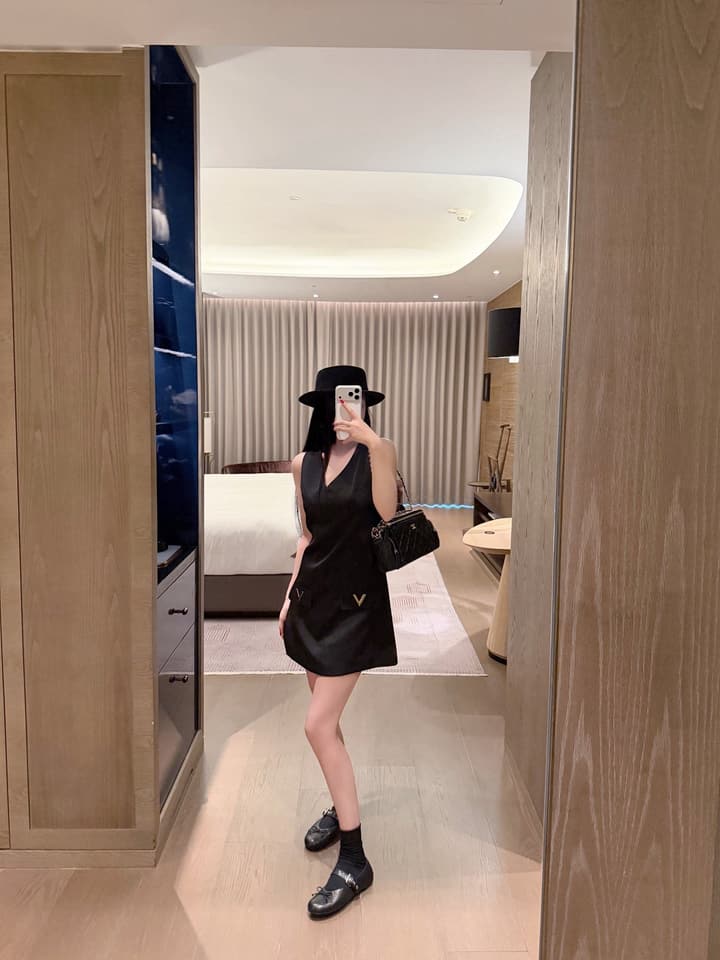 Valentino V-Neck Satin Dress with V Logo Detail in Black