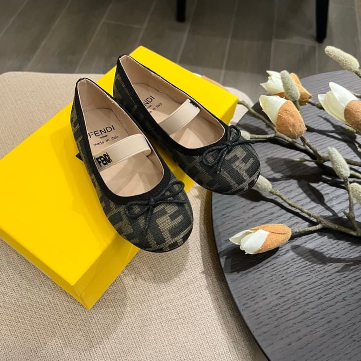 Fendi Girl's Double F Ballerina Flats – Kids Collection – 24SS in Black Monogram
