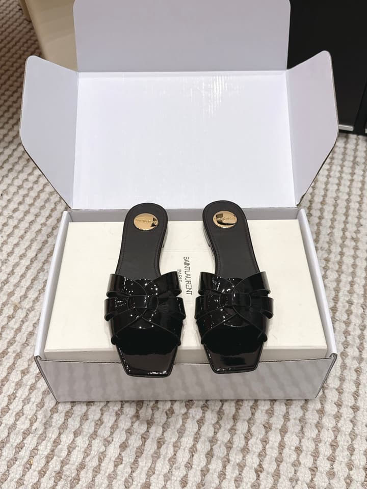 Saint Laurent Melody Square Toe Flat Sandals – 2026SS in Burgundy Patent