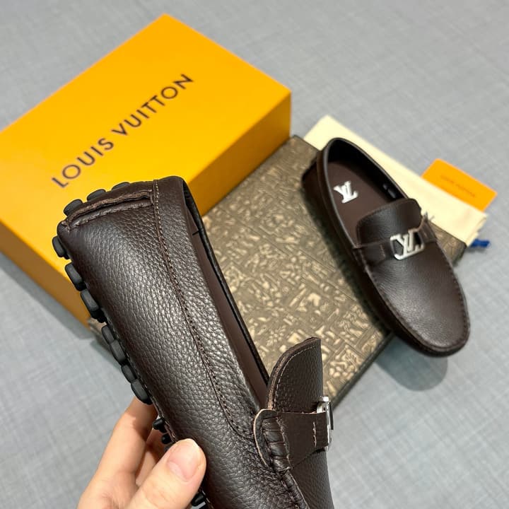 Louis Vuitton Men's Grained Leather Driving Shoes in Dark Gunmetal Hardware