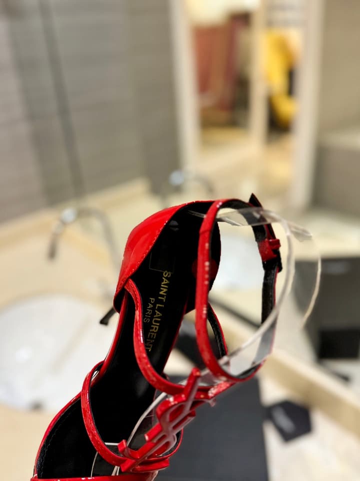 Saint Laurent YSL Logo Lacquer Heeled Sandals in Black Matte With Black Logo