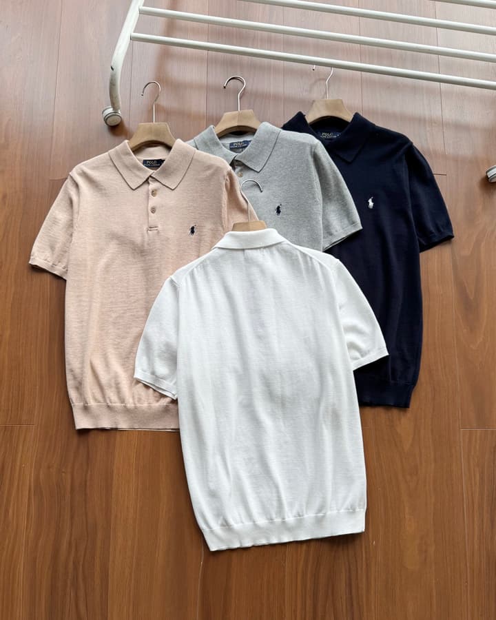 Ralph Lauren Short-Sleeve Knit Polo Shirt – Summer Collection in Grey