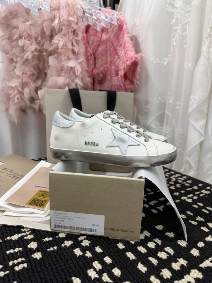 Golden Goose Super Star Rhinestone Leather Sneakers in Grey Suede Black Leather White Star