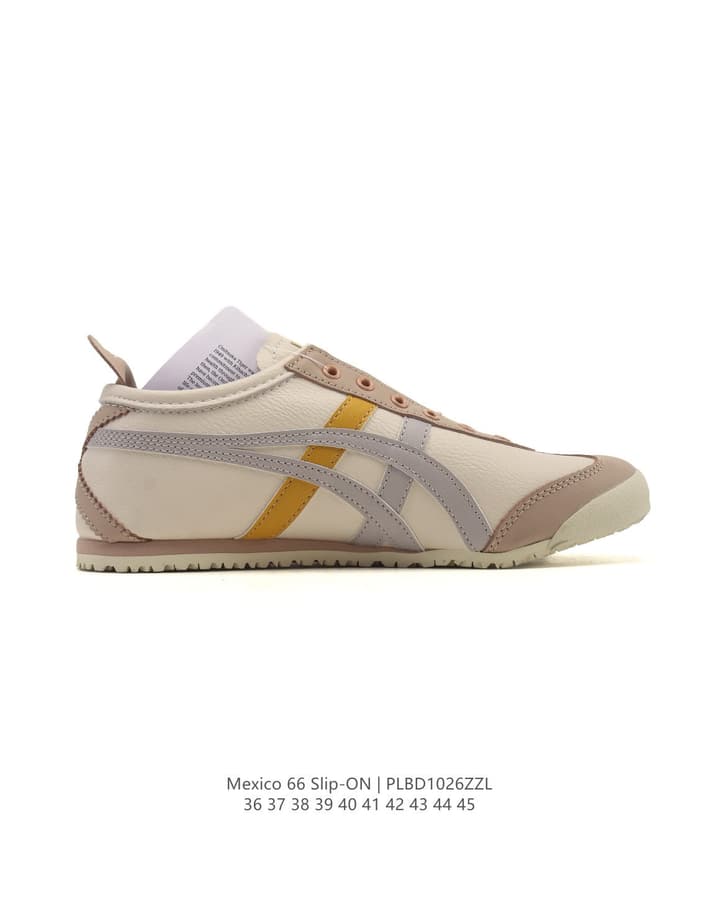 Onitsuka Tiger Mexico 66 Slip-On Canvas Sneakers in Cream Canvas With Gold Stripes
