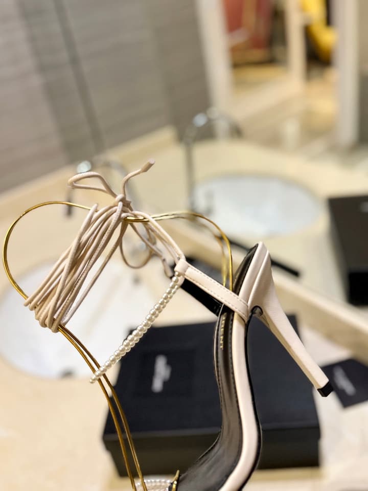 Saint Laurent YSL Pearl Strappy Heeled Sandals in All Black