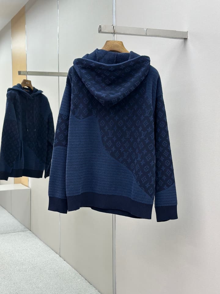 Louis Vuitton Monogram Jacquard Spliced Cashmere Hoodie in Dark Navy Monogram Jacquard