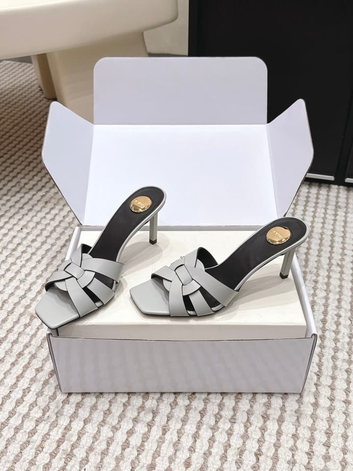 Saint Laurent Melody Square-Toe Heeled Sandals – 2026 Spring/Summer Collection in Beige Patent