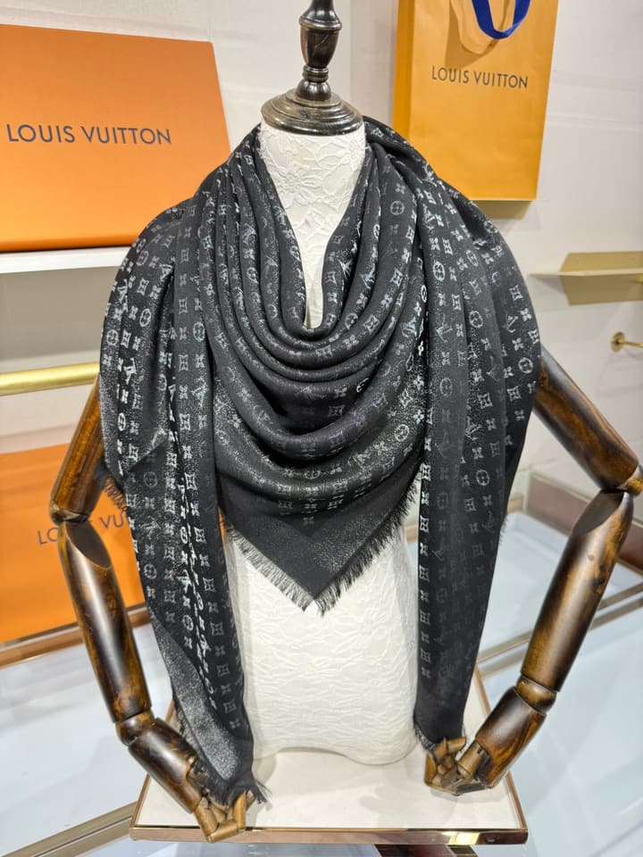 Louis Vuitton Classic Monogram Silk Wool Shawl in Beige