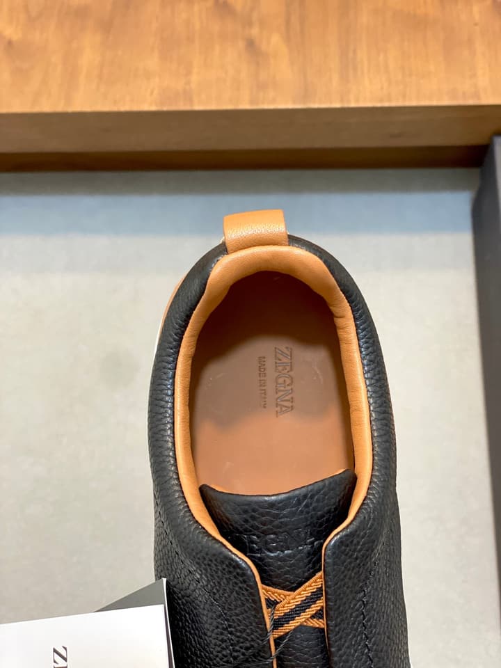 Ermenegildo Zegna Triple Stitch Sneakers in Black Leather With Brown Tag