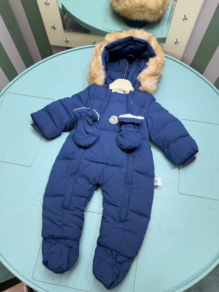 Moncler Classic Infant Padded Romper – 2025FW in Deep Blue With Fur Trim