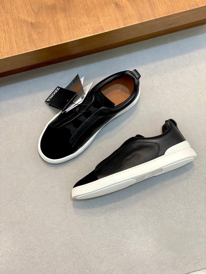 Ermenegildo Zegna Triple Stitch Sneakers in Black Leather With Brown Tag