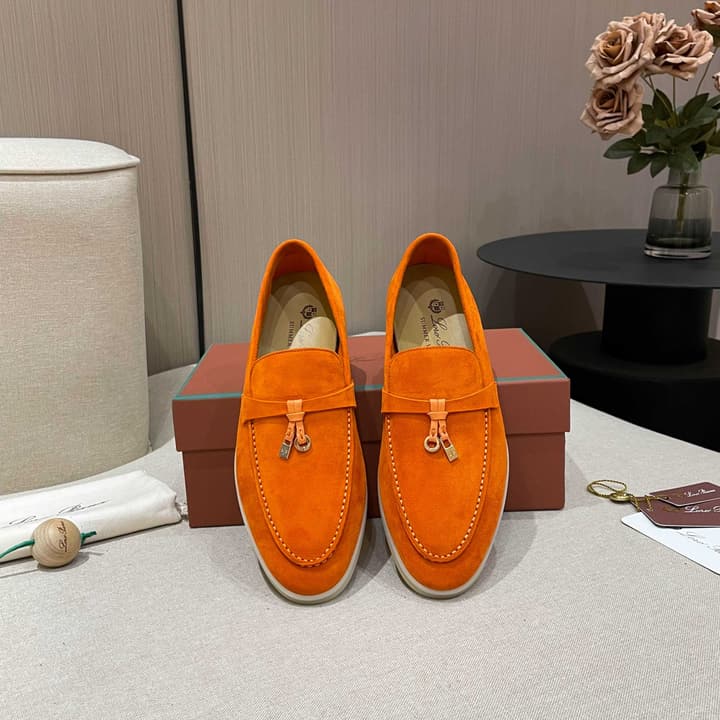 Loro Piana Summer Charms Walk Moccasin Loafers in Bright Orange Leather