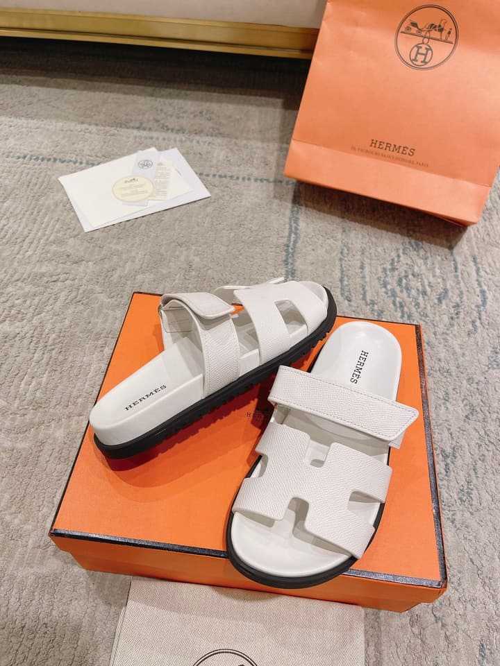 Hermès Chypre Suede Unisex Slides in Black With Dark Blue Strap
