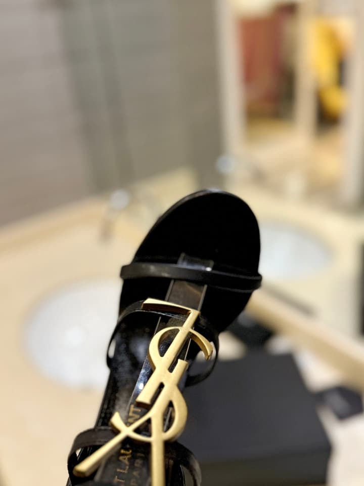Saint Laurent YSL Logo Lacquer Heeled Sandals in Black Matte With Black Logo