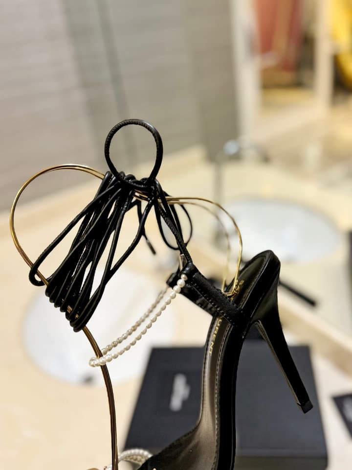 Saint Laurent YSL Pearl Strappy Heeled Sandals in All Black