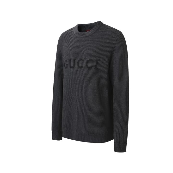 Gucci Wool Cashmere Blend Ribbed Knit Sweater in Dark Heathered Gray Knit
