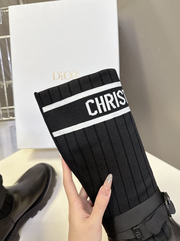 Dior Autumn/Winter Knight Knee-High Boots in Black Knit Sock Boot