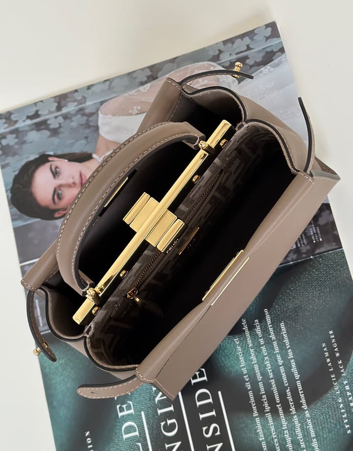 Fendi Peekaboo Classic Calfskin Handbag in Taupe Leather