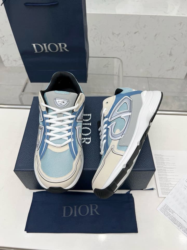 Dior B30 Unisex Mesh and Leather Sneakers in Navy Blue And Grey