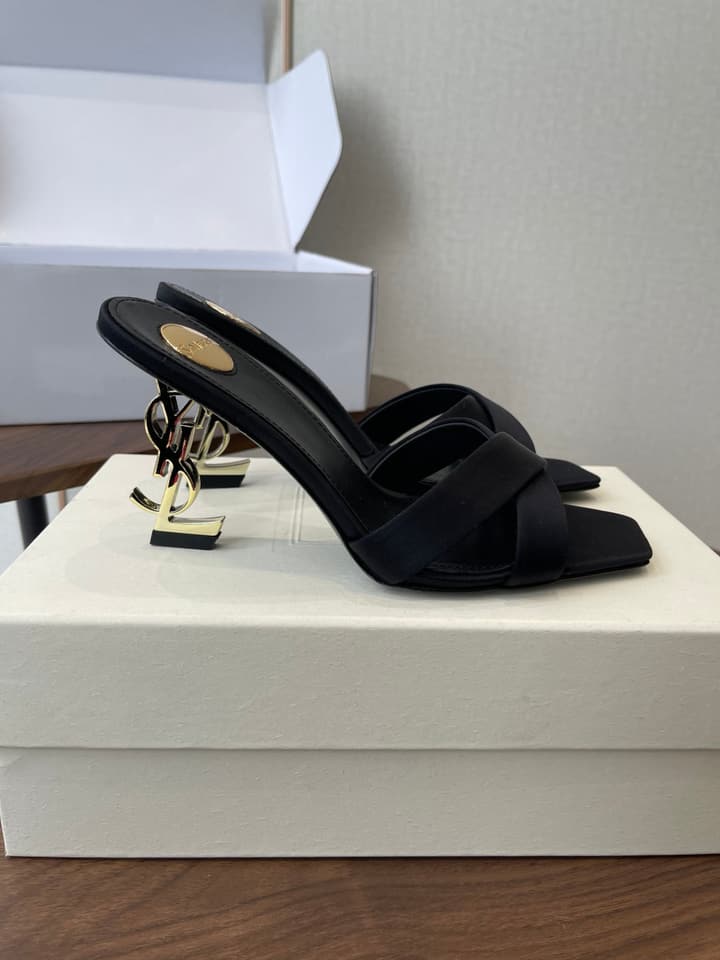 Saint Laurent Opyum Satin Heeled Mules – Early Spring Collection – 26S in Champagne Gold