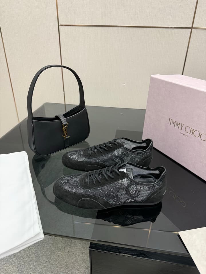 Jimmy Choo Lace-Trimmed Suede Sneakers in Black Lace