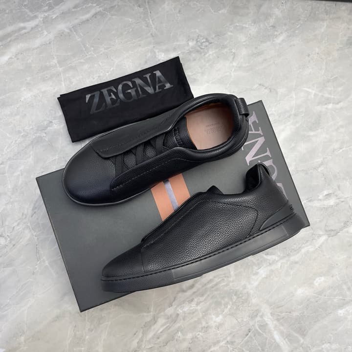 Zegna Triple Stitch Low-Top Sneakers in Navy Blue