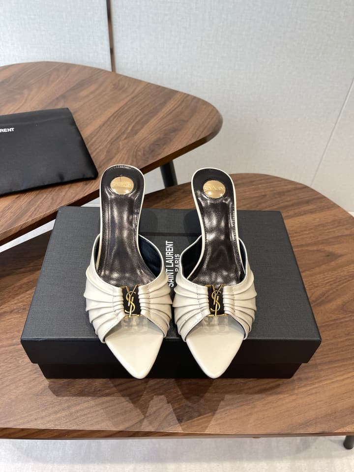Saint Laurent Pointed Toe Stiletto Heeled Sandals – 26SS in Black - Gold Logo Plaque
