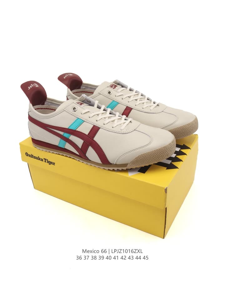 Onitsuka Tiger Mexico 66 Classic Sneakers in Beige With Maroon And Teal Stripes