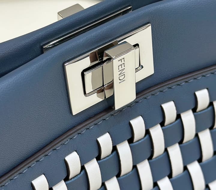Fendi Iconic Peekaboo Small Woven Handbag in Navy Blue Woven Lattice