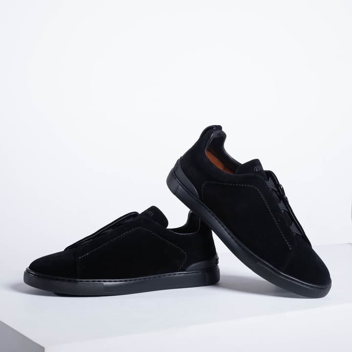 Zegna SECONDSKIN Triple Stitch Low-Top Sneakers in Navy Smooth Leather
