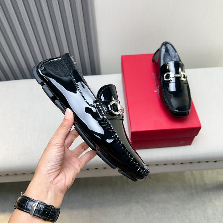 Ferragamo Imported Cowhide Fur-Lined Loafers in Black Patent Leather