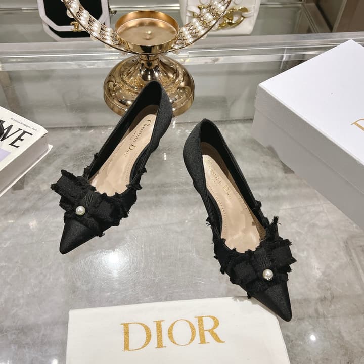 Dior Adiorable Bow Pearl Wedge Pumps in Black Ruffled Bow