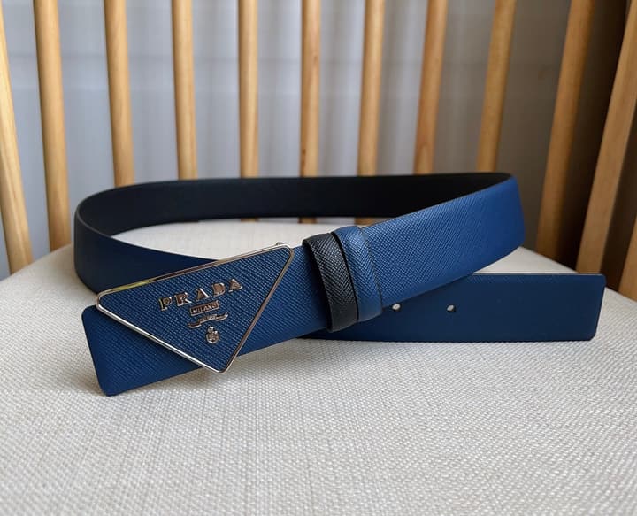 Prada Triangle Logo Buckle Belt in Black Textured Leather With Black Buckle