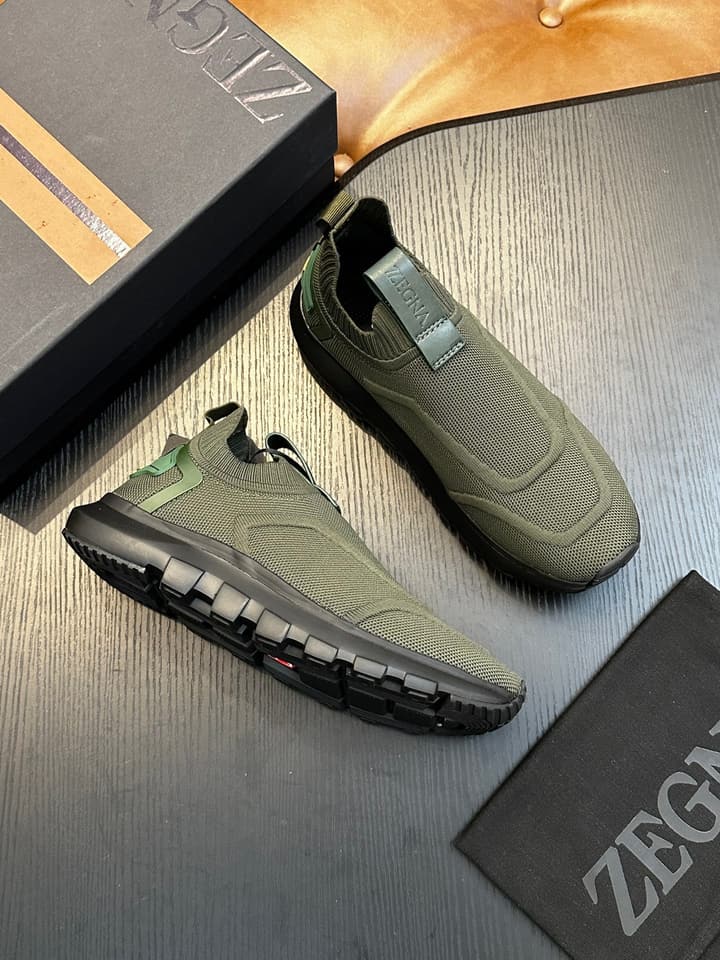 Zegna Techmerino Slip-On Sneakers in Dark Navy With Green Accent