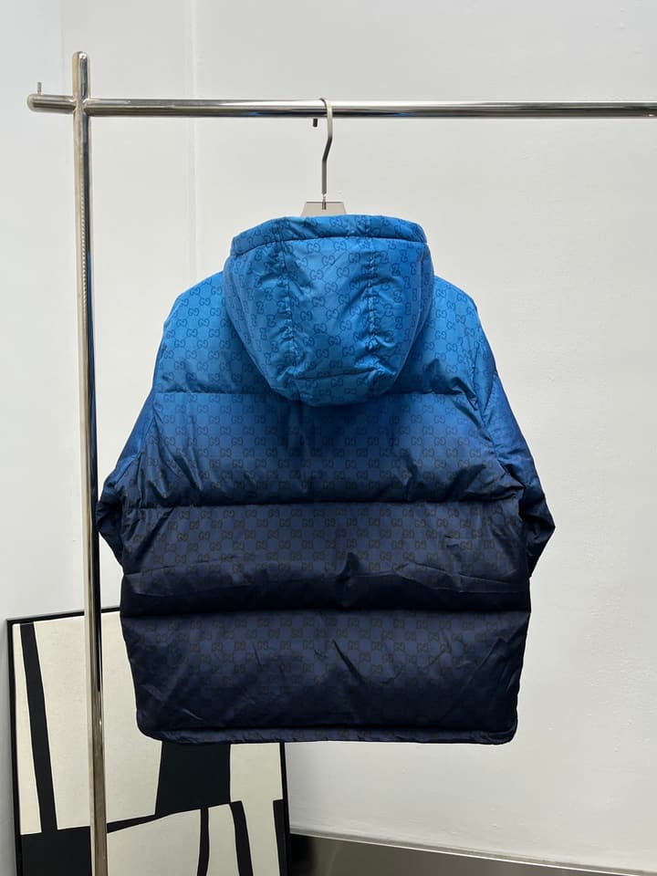 Gucci Jacquard Gradient Hooded Down Jacket in Bright Blue Navy Gradient