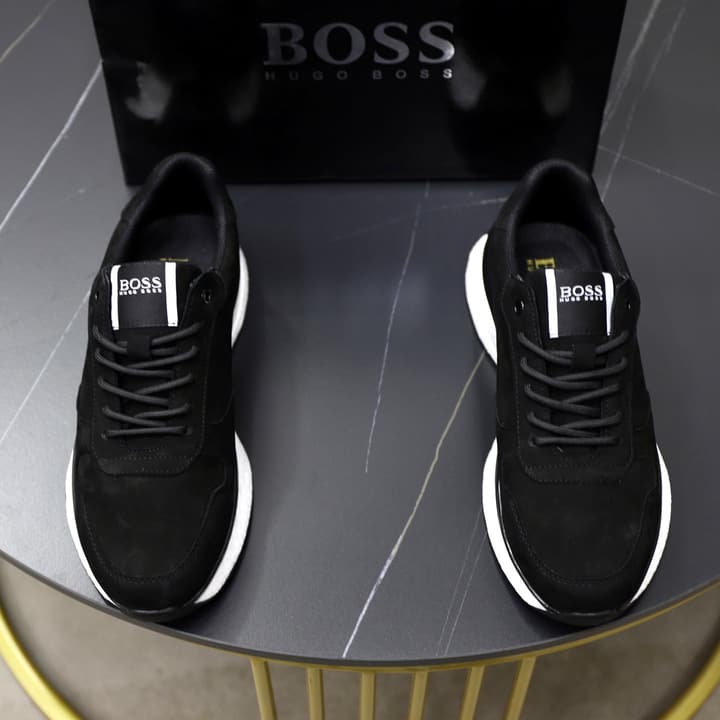 Boss Men's Luxury Running Sneakers in Black Mesh With White Sole