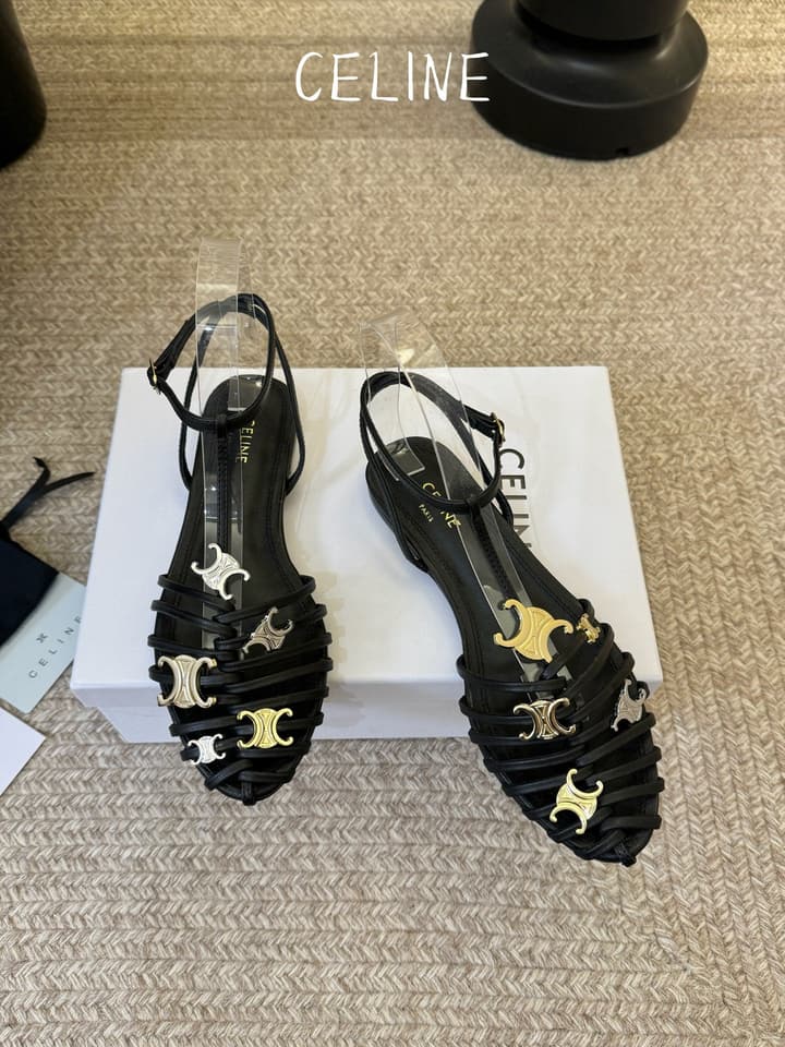 Celine Triomphe Ankle Strap Sandals – Spring/Summer Collection in Black - Large Logo Flats