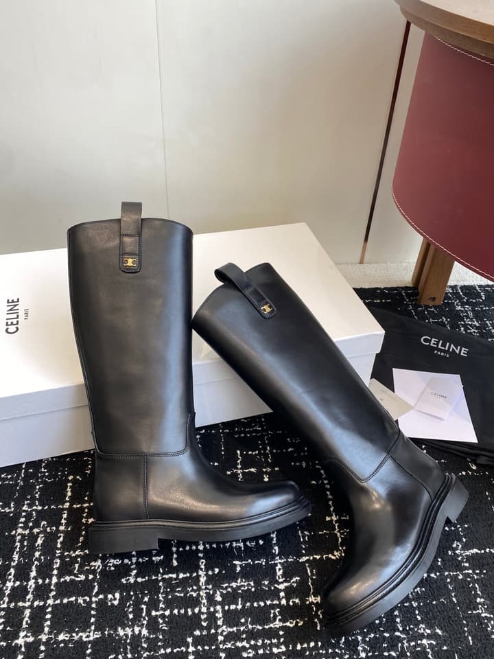 Celine Triomphe Equestrian Ankle Boots – 2025FW in Waxed Black Leather