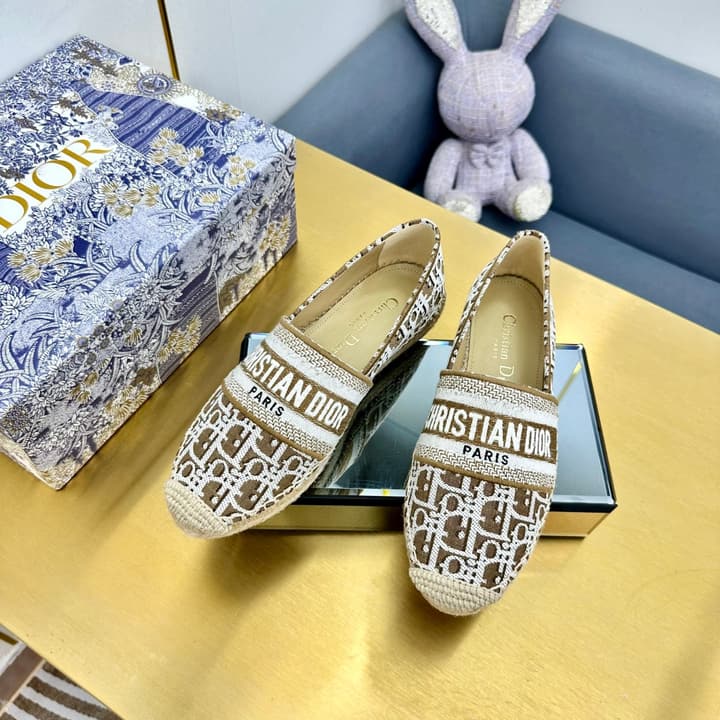 Dior Granville Embroidered Espadrille Flats in Beige/brown Oblique Pattern