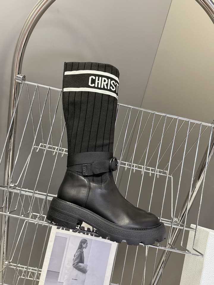 Dior Autumn/Winter Knight Knee-High Boots in Black Knit Sock Boot