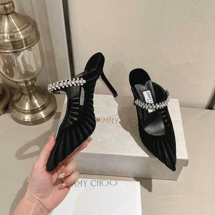 Jimmy Choo Pointed Toe Crystal Heeled Sandals – 2025 Collection in Black Suede