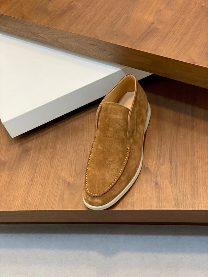 Loro Piana Suede Leather Slip-On Loafers in Camel Tan Suede