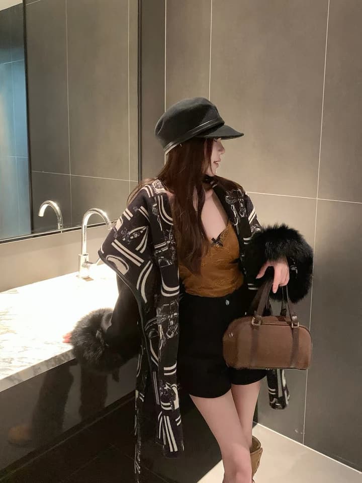 Hermès Old Money Detachable Faux Fur Sleeve Coat in Black With Patterned Reversible Side